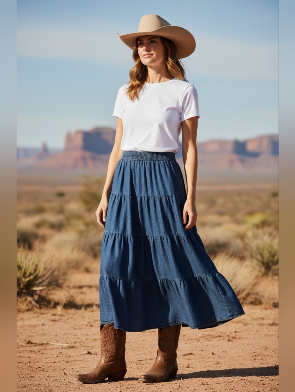 Vermont Country Store Womens Tiered Denim Maxi Skirt Size Large Vintage
